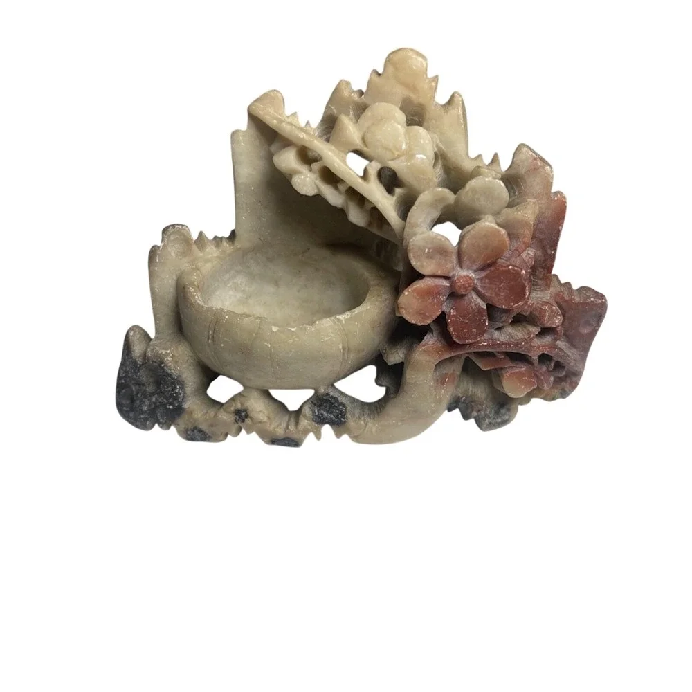 Hand Carved Stone Incense Holder‎ Lotus Flower Dragon Motif